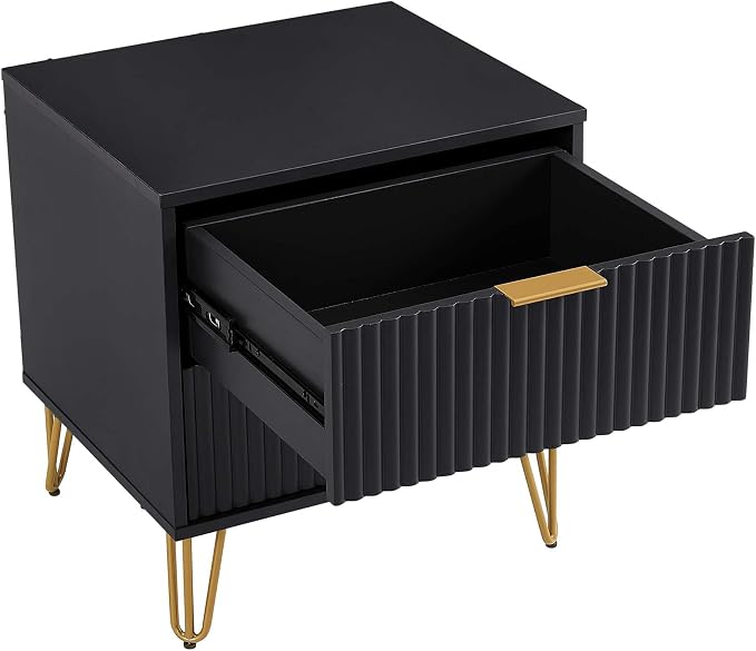 Manhattan Comfort Dumbo Modern Nightstand 2.0 with 2 Metal Feet | Splayed Gold Legs | Vertical Ribbed Design | No Tool Assembly Storage for Bedroom, Set of 2, Black - Image 7