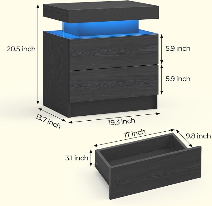 Bingoday LED Nightstand Black Modern Night Stand with 2 Drawers LED Bedside Tables for Bedroom End Tables with LED Strip Lights - Image 2