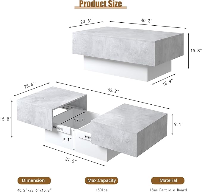 Modern Coffee Table with Storage for Living Room, Living Room Table Rectangular Center Tables, Sliding Top with Hidden Storage, Wooden Cocktail Table for Dining Reception Room, Grey