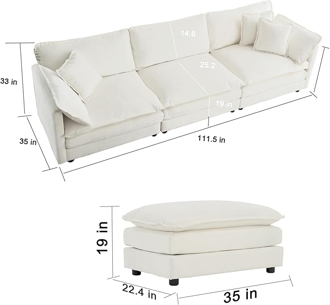 KEIKI Combination Sofa, Upholstered 3 Seater Couch, Oversized L Shaped Sectional Sofa with Reversible Ottoman for Living Room Bedroom Office, White