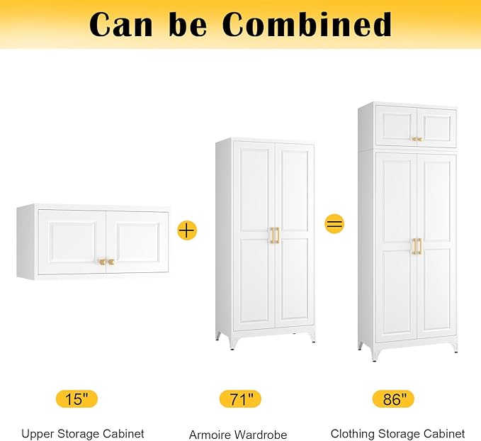 SteeLoong 86" Metal Armoire Wardrobe Closet with Doors,White Tall Clothing Storage Cabinet with Adjustable Shelves and Hanging Rod,Wardrobe Closet for Bedroom,Home,Office,Gym