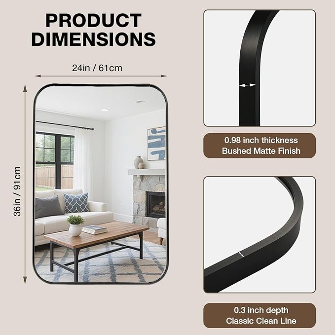 24x36 Inch Bathroom Mirrors for Over Sink, Matte Black Rectangle Mirror for Bathroom or Entryway, Wall Mounted Vanity Mirror with Aluminum Alloy Frame & Tempered Glass, Hangs Horizontally/Vertically - Image 5