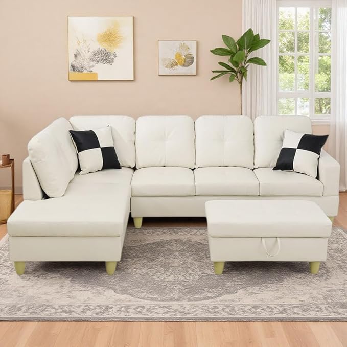 NicBex Modular L-Shaped Sectional Couches, 3-Piece Convertible Couch with Storage Ottoman, 4-Seat Comfy Sofa with Chaise for Living Room & Apartment, Cream White