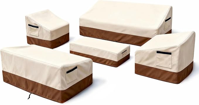 5 Piece Patio Furniture Cover Set, Waterproof Outdoor Furniture Covers for 3-Seater Sofa, Loveseat, Chairs & Coffee Table, Heavy Duty 600D Lawn Patio Set Covers, UV-Resistant All-Season, Beige&Brown by Unknown