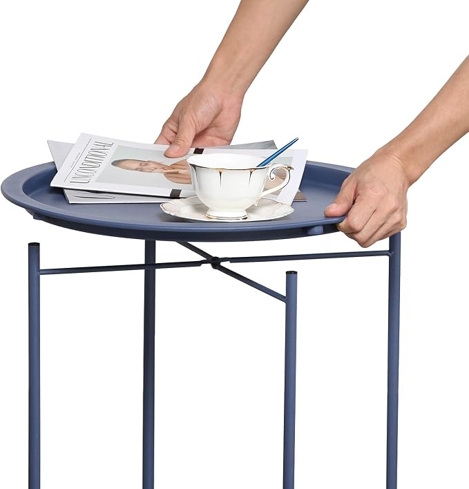 VECELO Side/End Table, Folding Round Metal Anti-Rust and Waterproof Outdoor or Indoor Tray for Living Room Bedroom Balcony and Office, 1 PCS, Blue - Image 7