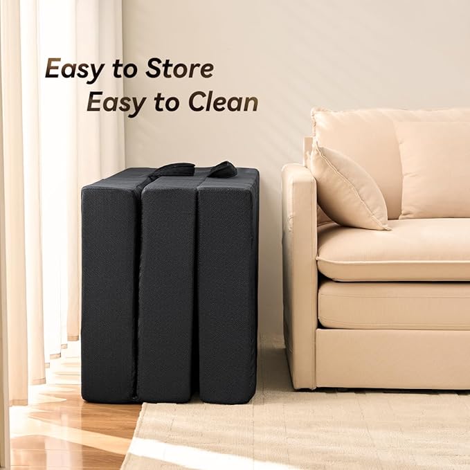 Memory Foam Foldable Mattress, 4 Inch Trifold Mattresses Full, Mattress Topper, Washable Cover, Handles, Non-Slip Bottom for Guest Bed, Yoga and Camping Mat, 73"x 52" x 4", Black