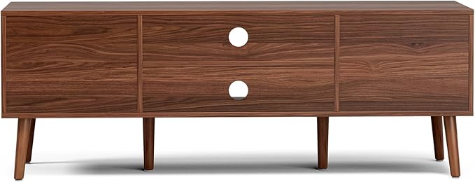 LCRBOL TV Stand for Living Room, Mid Century Modern Entertainment Center for 55/60 inch TVs, TV Console with Fluted Door Cabinets and Open Shelves, for Bedroom, Walnut - Image 7