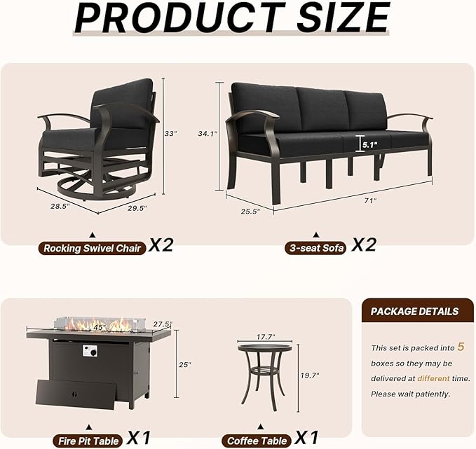 Aluminum Patio Furniture Set with Fire Pit Table, 8 Seats Outdoor Patio Conversation Sets with Swivel Chair Modern Metal Sectional Sofa with Upgrade Cushions for Patio, Backyard - Black