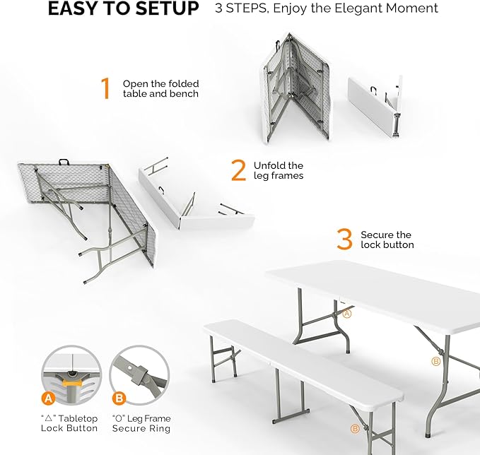 VINGLI Picnic Table Set with 2 Benches, 6 Feet Camping Table Chair Set,3-Piece Folding Furniture for Indoor or Outdoor Use, Smooth Tabletop, White - Image 2
