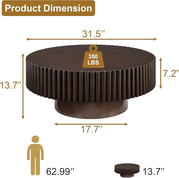 Rovibek Fluted Round Coffee Table, 31.5" Modern Wooden Coffee Table with Fluted Base, Circle Accent Center Table for Living Room Apartment Office Small Space, Easy Assembly (Brown)