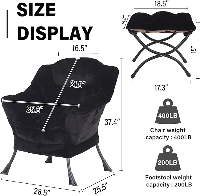 Lazy Chair with Ottoman, Modern Accent Chair Sofa Chair with Armrests, Reading Chair and Folding Footstool for Living Room, Bedroom, Office, Plush Black