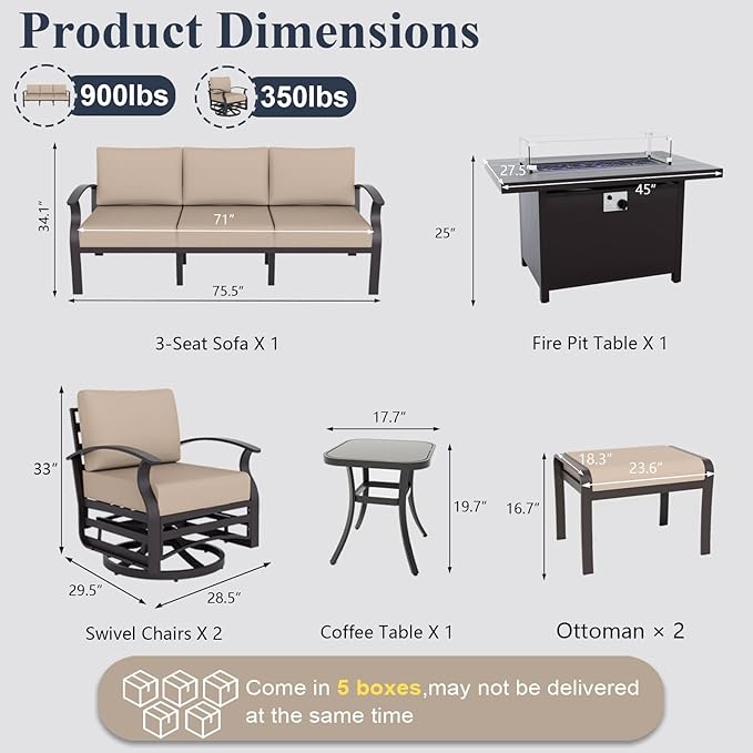 ALAULM Aluminum Patio Furniture Set with Propane Fire Pit Table Metal Outdoor Furniture w/Fire Pit Patio Conversation Sets w/5.1" Cushions and 7 Seats for Patio,Backyard,Poolside-Khaki