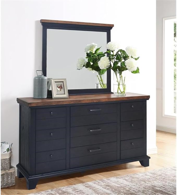 BOWERY HILL Farmhouse Queen 5-Piece Bedroom Set, Acacia Wood with Mindi Veneer, Chocolate and Honey Finish, Chevron Pattern Bed, Spacious Storage Dresser/Mirror/Nightstands for Rustic Bedroom Decor