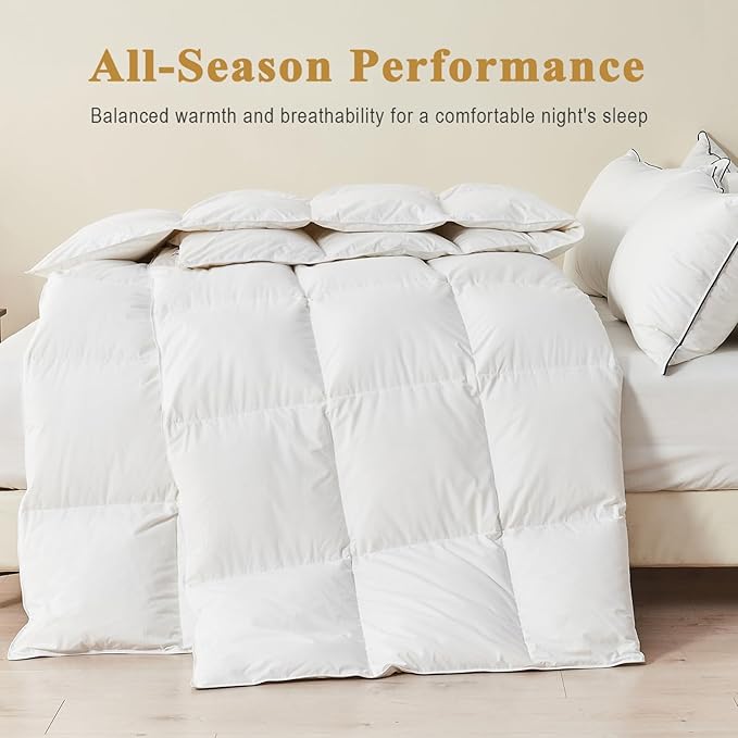 TOPGREEN Organic Feather Down Comforter Oversized Queen, Luxury Extra-Fluffy Duvet Insert, All Season Bed Comforter with Ultra-Soft Organic Cotton Case (98x98 Inch, Ivory White)