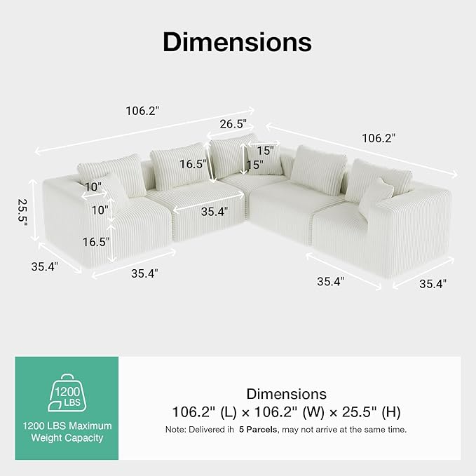 Novilla 106" Modular Sectional Sofa, Modern Cloud Sectional Couch with Smarts Coil® Support, L-Shape Boneless Couch for Living Room Apartments Bedroom, No Assembly Required, Beige (5 Seat)