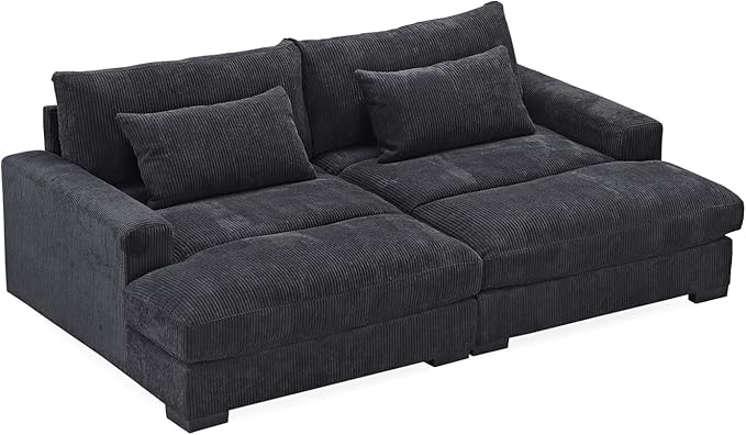 Luxe Sleeper Sofa with Soft Corduroy Upholstery, Double Chaise Design, Convertible to Twin Size Bed, Modern and Comfortable Living Room Couch, 89.9" Wide, Black