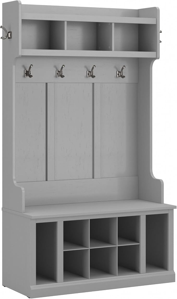 Bush Home Woodland 40W Hall Tree and Shoe Storage Bench with Shelves in Cape Cod Gray, Cubbies and Coat Hooks for Foyer, Mudroom, or Entryway by BushHome