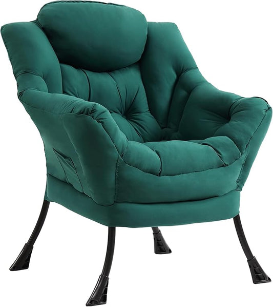 Furlide Lazy Chair for Living Room, Modern Accent Chairs with Armrests, Dark Green Armchairs with Side Pocket, Cozy Lazy Sofa for Reading, Balcony, Bedroom, Dorm, Small Spaces