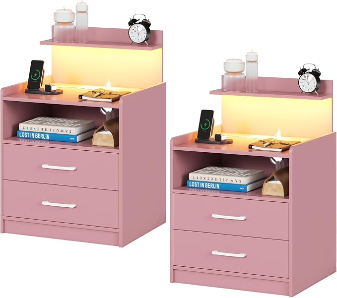 Nightstand Set of 2 with Charging Station and LED Lights, Bedside Table with 2 Drawers and Open Storage Shelf, 2 USB Ports and 2 AC Outlets, LED Night Stands for Bedroom Set of 2, Pink by Diliplain