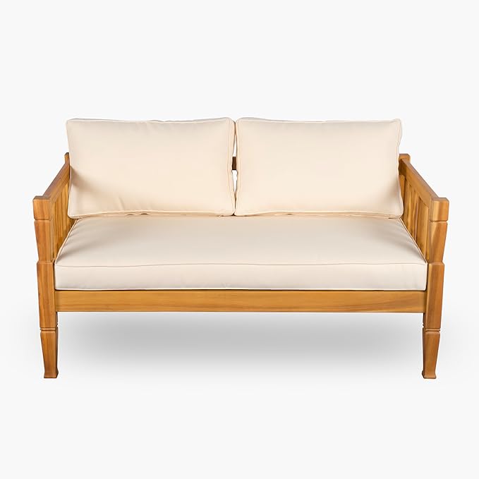 Christopher Knight Home 4-Piece Patio Furniture Set with Coffee Table, Acacia Wood Outdoor Conversation Set, 4 Seater Patio Sofa Set with Thick Cushions for Backyard,Balcony, Teak+Beige