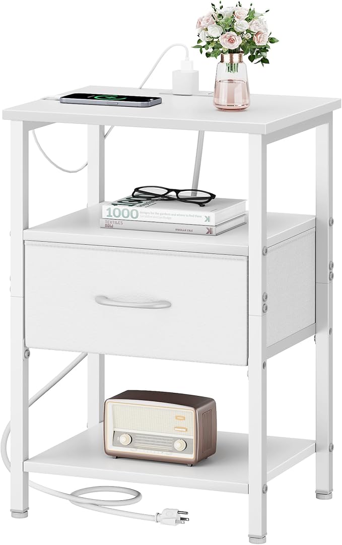 Vagusicc Night Stand Set 2, White Nightstand with Charging Station, Bed Side Table with Drawer, End Table with Storage Shelf for Living Room, Tall Bedside Table, White Night Stand for Bedroom - Image 8
