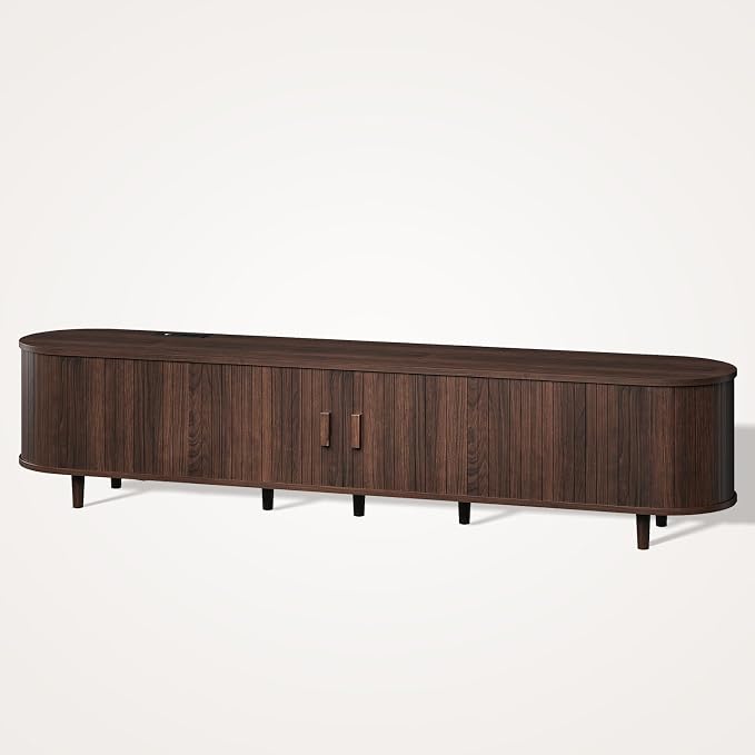 80" Mid Century Modern TV Stand, Wood TV Consoles with Sliding Doors and Power Outlet, Entertainment Center with Adjustable Shelves, Fluted TV Stands for Living Room, Walnut - Image 9
