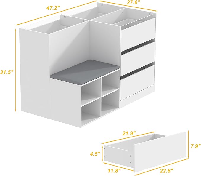Homsee Wardrobe Armoire Closet with Bench, Walk-in Closet Island Dresser with Glass Top, 9 Drawers & Shoe Shelves, Modern Wooden Wardrobe Storage Cabinet for Bedroom, Fitting Room & Shops, White