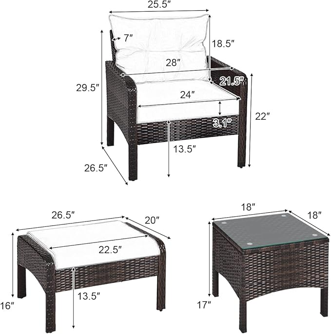 HAPPYGRILL 5-Pieces Patio Furniture Set Outdoor Rattan Wicker Conversation Set with Coffee Table Cushioned Sofas and Ottoman Chat Set for Garden Backyard