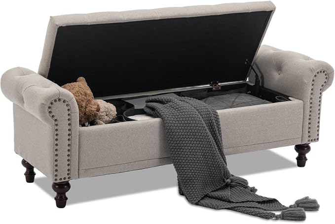 SOFTHION 58.1" Storage Bench Upholstered Linen End of Bedroom Bed Bench Ottoman with Tufted Cushioned Rolled Arm Large Storage Space for Reading Living Room Entryway, Light Brown by SofthionDesign