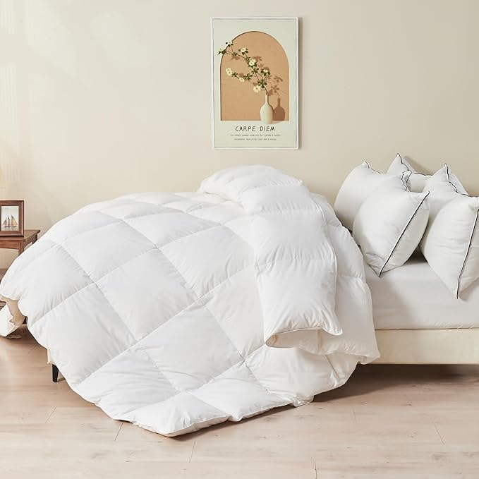 TOPGREEN 100% Organic Feather Down Comforter King Size, Luxury Extra-Fluffy Duvet Insert, All Season Bed Comforter with Ultra-Soft Organic Cotton Case (106x90 Inch, Ivory White)