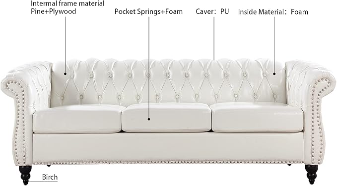 ERYE 84.5-Inch Classic 3 Seat Chesterfield Sofa Couches for Living Room Bedroom, 3 Seaters Button Tufted Faux Leather Upholstered Chesterfield Sofa Couch,Wood Legs | Button Tufted, Easy to Assemble, Nailhead, Removable Cushion