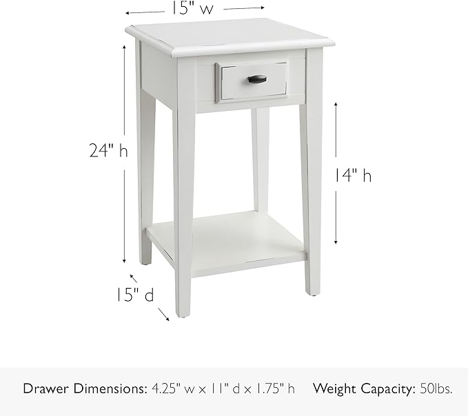 Leick Home Haven Ridge Square End Table, One Drawer Side Table, Farmhouse White, 214379