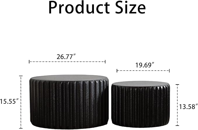 kevinplus 46.46'' White Round Coffee Table Set of 2, Modern Circle Fluted Drum Nesting Elegnant Coffee Table for Living Room, No Assembly, Black
