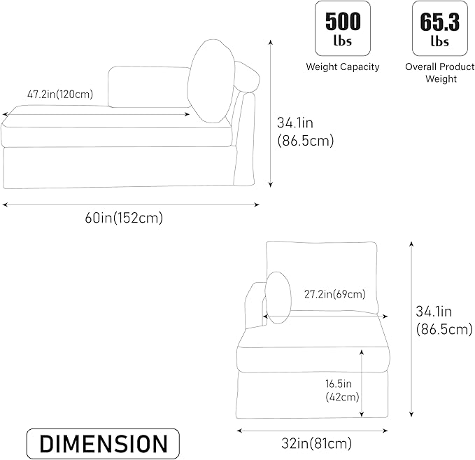 KEIKI 60" Chaise Lounge Chair Indoor, Modern Deep Seat Sofa Bed, Corduroy Couch with Cushions, Single Sleeper Chair for Living Room, Bedroom, Apartments, Green (Left Side)