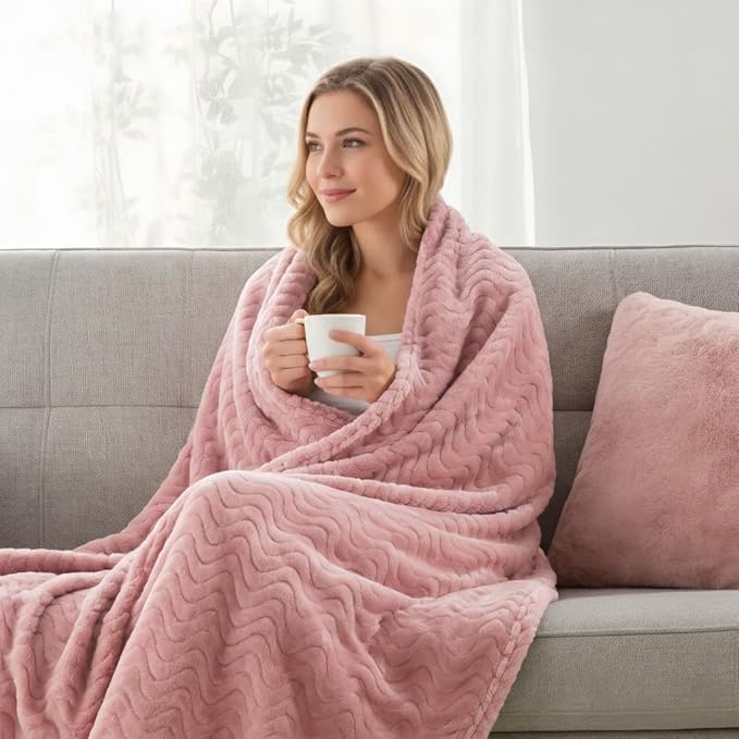 Exclusivo Mezcla King Blanket for Bed, Cozy Lightweight Fleece Blankets for All Season, Decorative Giftable Fuzzy Plush Wave Textured Suitable for Women, Men, Pink, 90x104 Inches