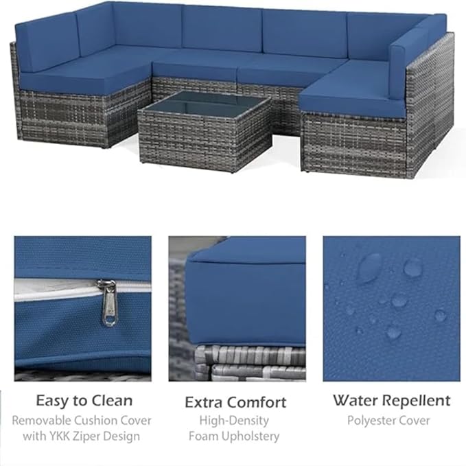 U-MAX 7 Piece Outdoor Patio Furniture Set with 43 Inch Fire Pit Table, PE Rattan Wicker Sofa Set, Outdoor Sectional Furniture Chair Set with Cushions and Tea Table, Grey Rattan&Dark Blue Cushion