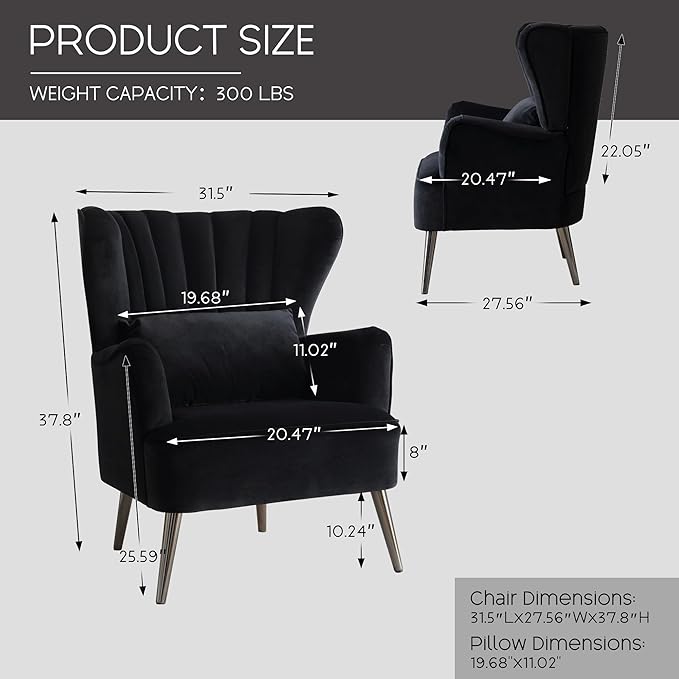 Modern Accent Chairs Set of 2, Comfy Wingback Armchair with Pillow Upholstered Shell Chair Reading Chair for Bedroom, Living Room, Small Spaces Black