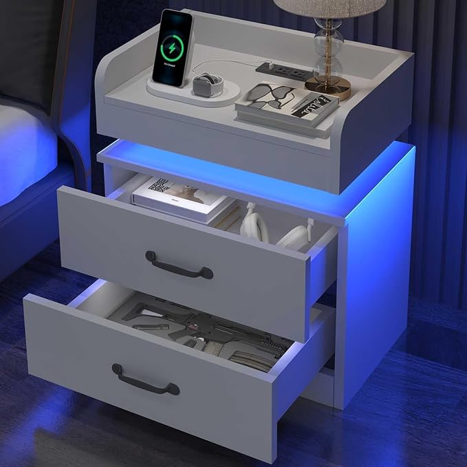 4ever2buy White Nightstand Set of 2 with Charging Station and LED Lights Modern Bedside Tables with 2 Drawers End Table for Bedroom - Image 3