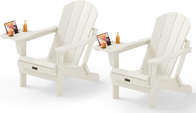 SERWALL Folding Adirondack Chair Set of 2, Adirondack Chairs with 4 in 1 Multi-Functional Cup Holder, All Weather Patio Chair with Wood Texture, Fire Pit Chairs for Outdoor, Garden, Backyard - White by SERWALL