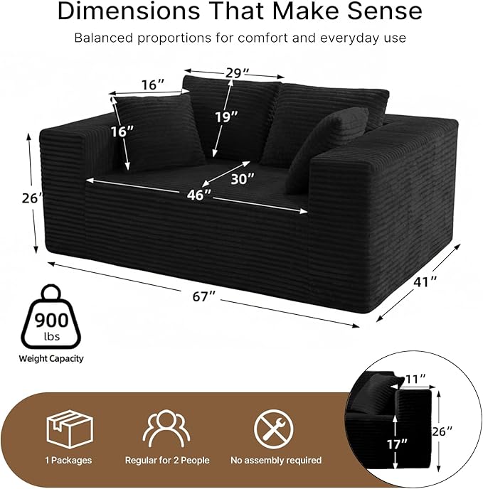 2-Seater Deep-Seat Corduroy Lounge Sleeper Sofa, No Assembly Frameless Foam Cloud Couch, Comfy Plush Double Seater for Living Room Bedroom Apartment Dorm Office (Black)