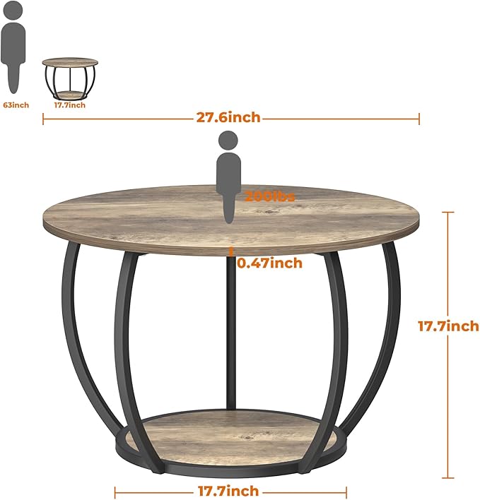 GreenForest Round Coffee Table with 2-Tier Open Storage, 27.6 inch Small Circle Coffee Tables with Adjustable Feet, Modern Mini Center Table for Small Living Room, Grey Wash