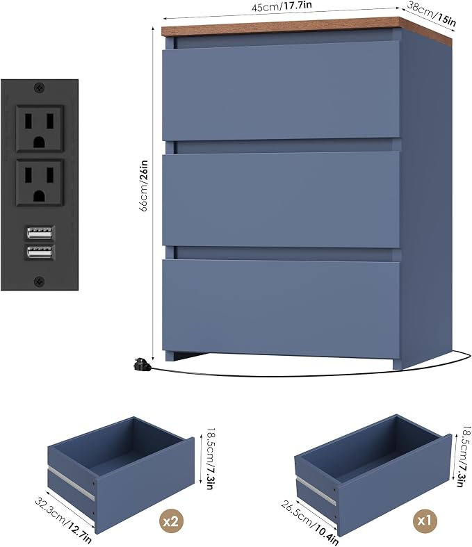 FOTOSOK Nightstand, 26" H Night Stand with Charging Station, Nightstand with USB Ports & Power Outlets, Silent Slides, Wooden End Side Table Bedside Table with 3 Drawers for Bedroom, Blue - Image 3
