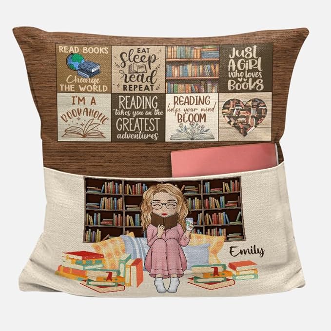 Custom Pocket Pillow, Personalized Bookish Gifts for Book Lovers, Booknerds, Bookworms, Reading Helps Your Mind Bloom, Birthday Librarian Gift for Women Teacher Students, Book Club Gifts