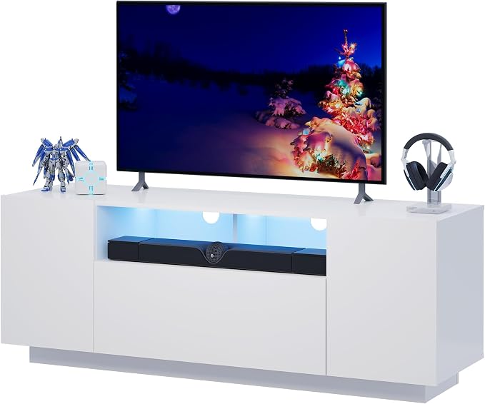 WLIVE TV Stand with LED Lights & Large Storage Cabinet, Modern Entertainment Center for 32/43/50/55 Inch TVs, Sturdy Media Console for Living Room, Bedroom, Gaming, White by WLIVE