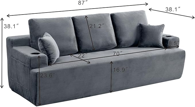87'' Cloud Loveseat Sofa Couch in a Box with Cup Holders and Side Pockets, 3 Seater High-Density Foam Boneless Love Seat with Deep Seating for Living Room | Breathable material, Anti-slip