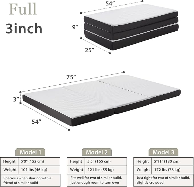 Tri Fold Memory Foam Foldable Mattress Full, 3 inch Folding Mattress for Guest Sleep. Portable Trifold Mat with Removable Washable Cover, Floor Sleeping Mat for Adult and Kid