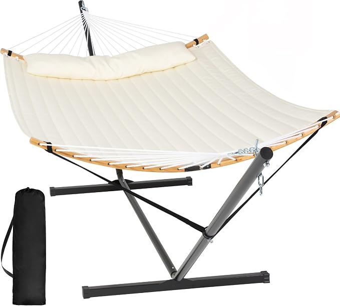 SUNCREAT Hammocks for Outside with Stand Included, Double Hammock with Curved Spreader Bar, Carrying Bag, Beige by SUNCREAT