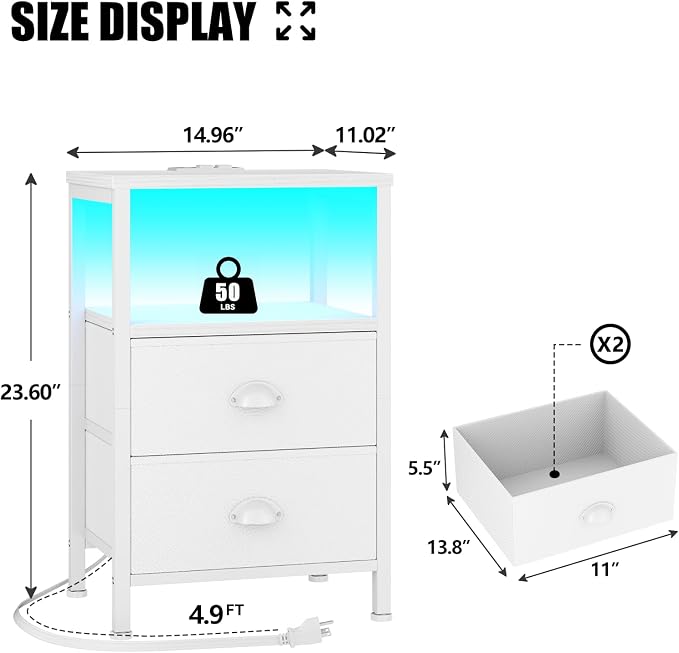 Furologee Nightstands Set of 2, End Tables Set of 2 with Charging Station and LED Lights, White Night Stands with 2 Fabric Drawers, Bedside Tables for Living Room/Bedroom - Image 3