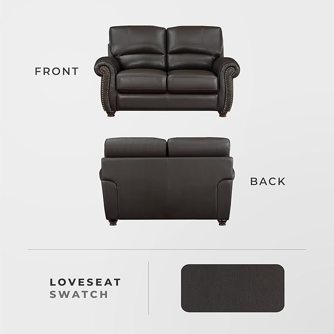 Lexicon Leather Match Couch for Living Room with Wood Frame, Rolled Armrest & Nailhead Trim, Top Grain Leather Match Sofa for Bedroom, Office, Waiting Room, 2-Seater Loveseat, Dark Brown