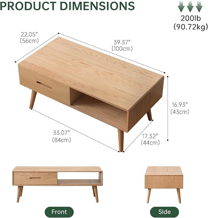 100% Solid Wood Coffee Table for Living Room, Mid-Century Modern Coffee Table with Storage Shelf and 2 Drawers, Oak Coffee Tables for Home (Natural Wood Color, 39.37'' W)
